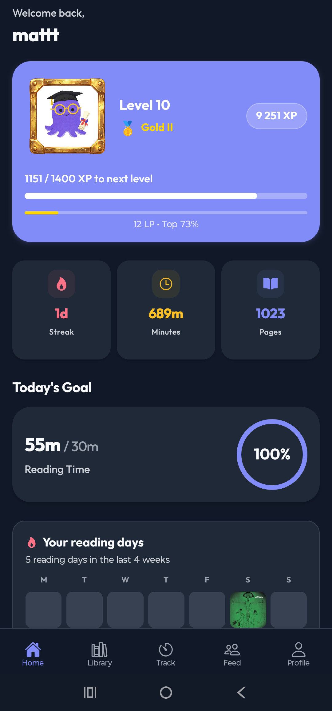 Home dashboard: level, XP, streak and today's goal