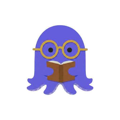 Inky, the Libriv octopus mascot, reading a book