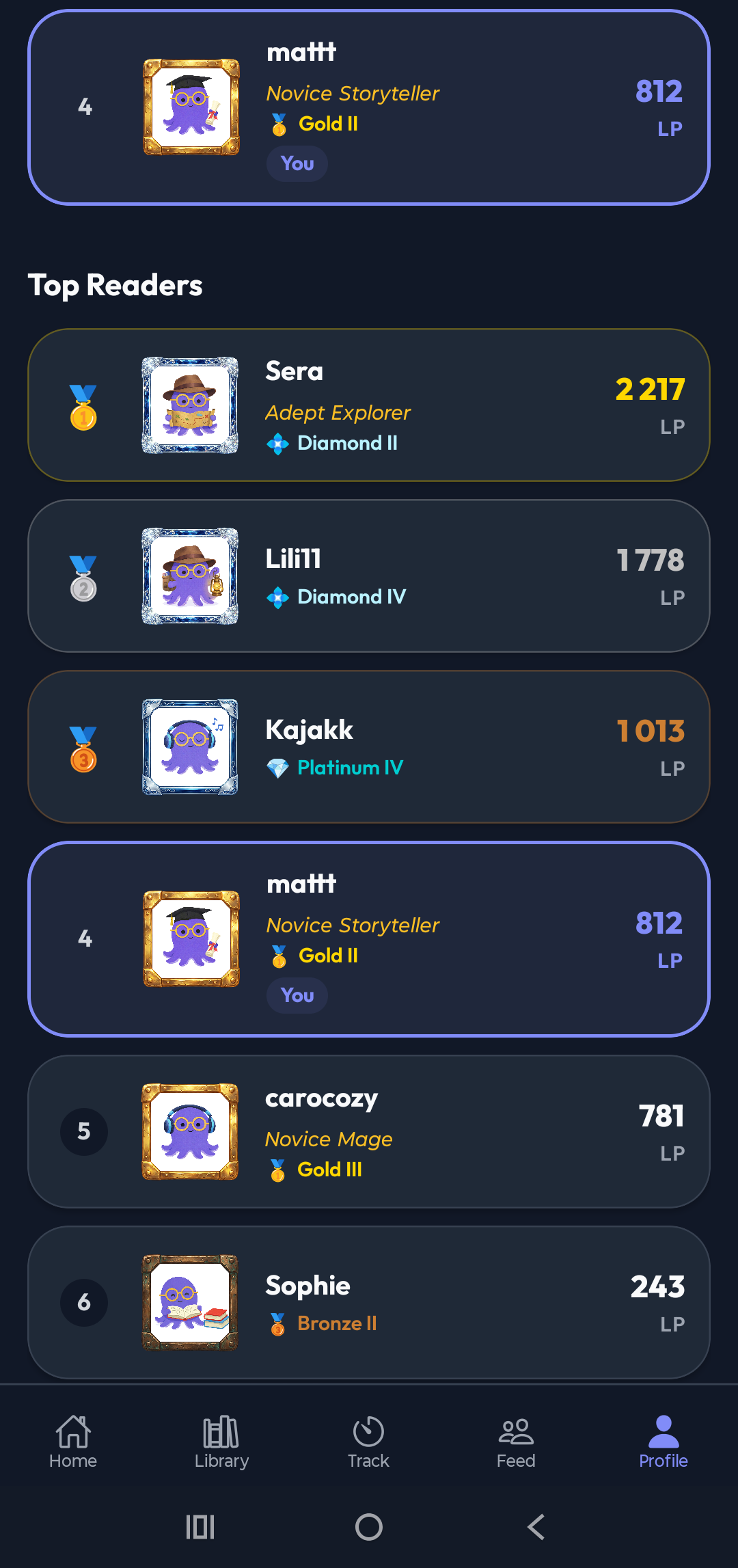 League leaderboard with ranked readers and rank frames