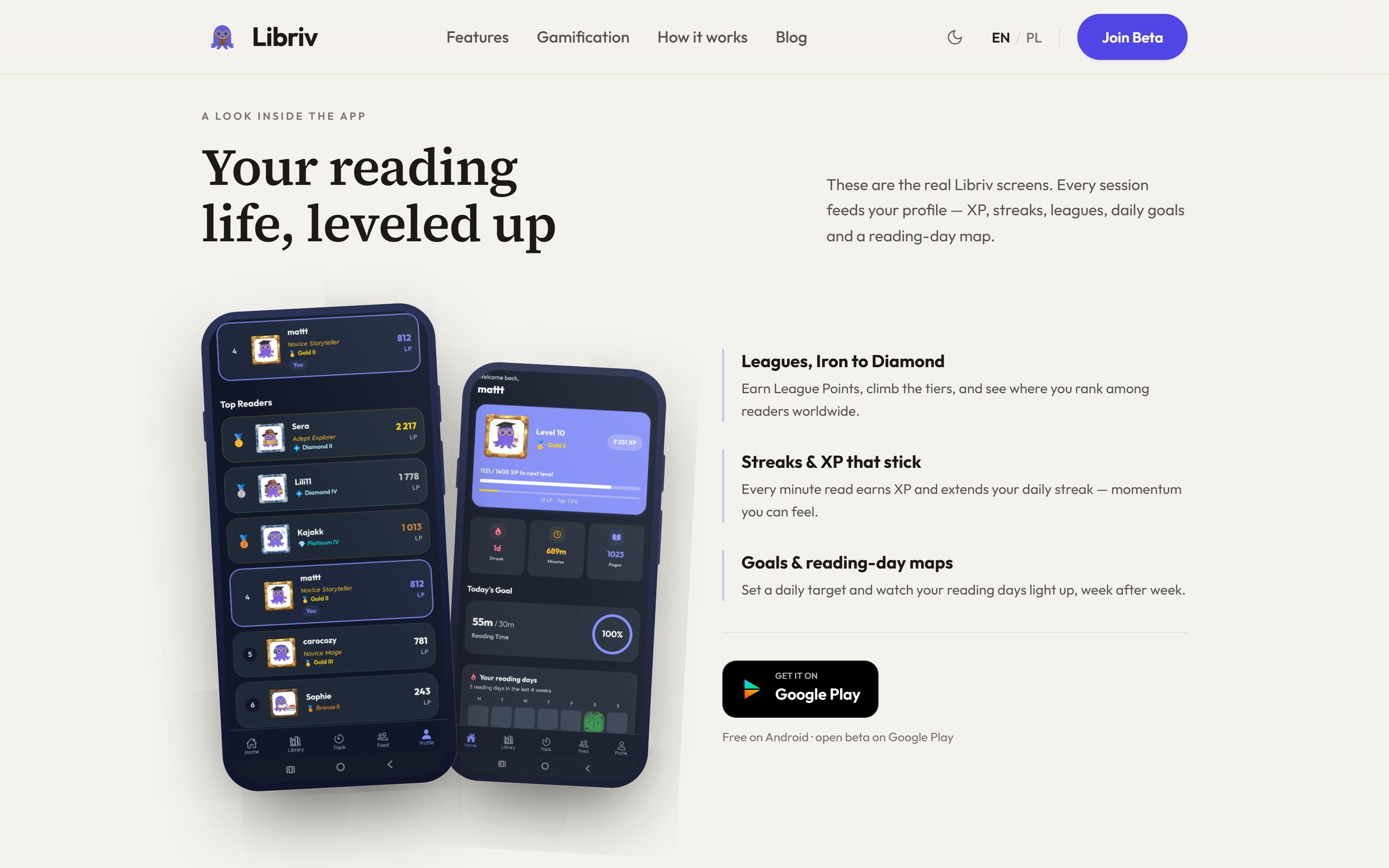 Libriv site embedding real app screens — leaderboard and dashboard