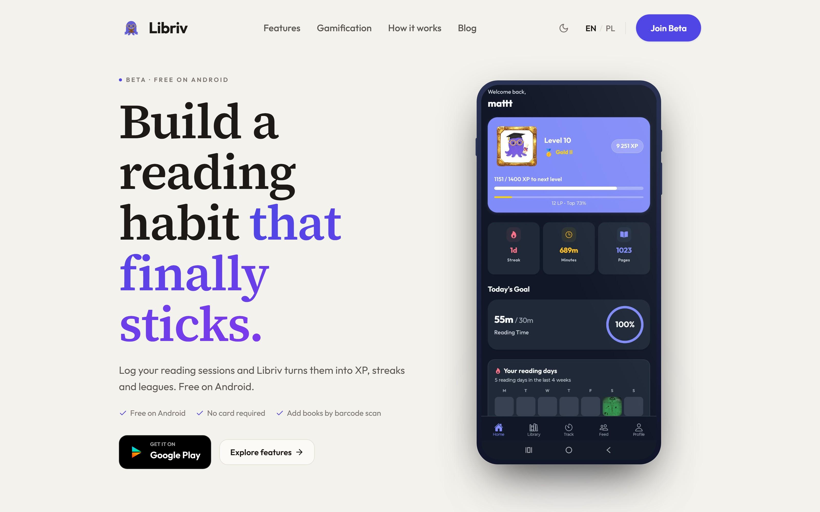 Libriv landing page — build a reading habit that sticks